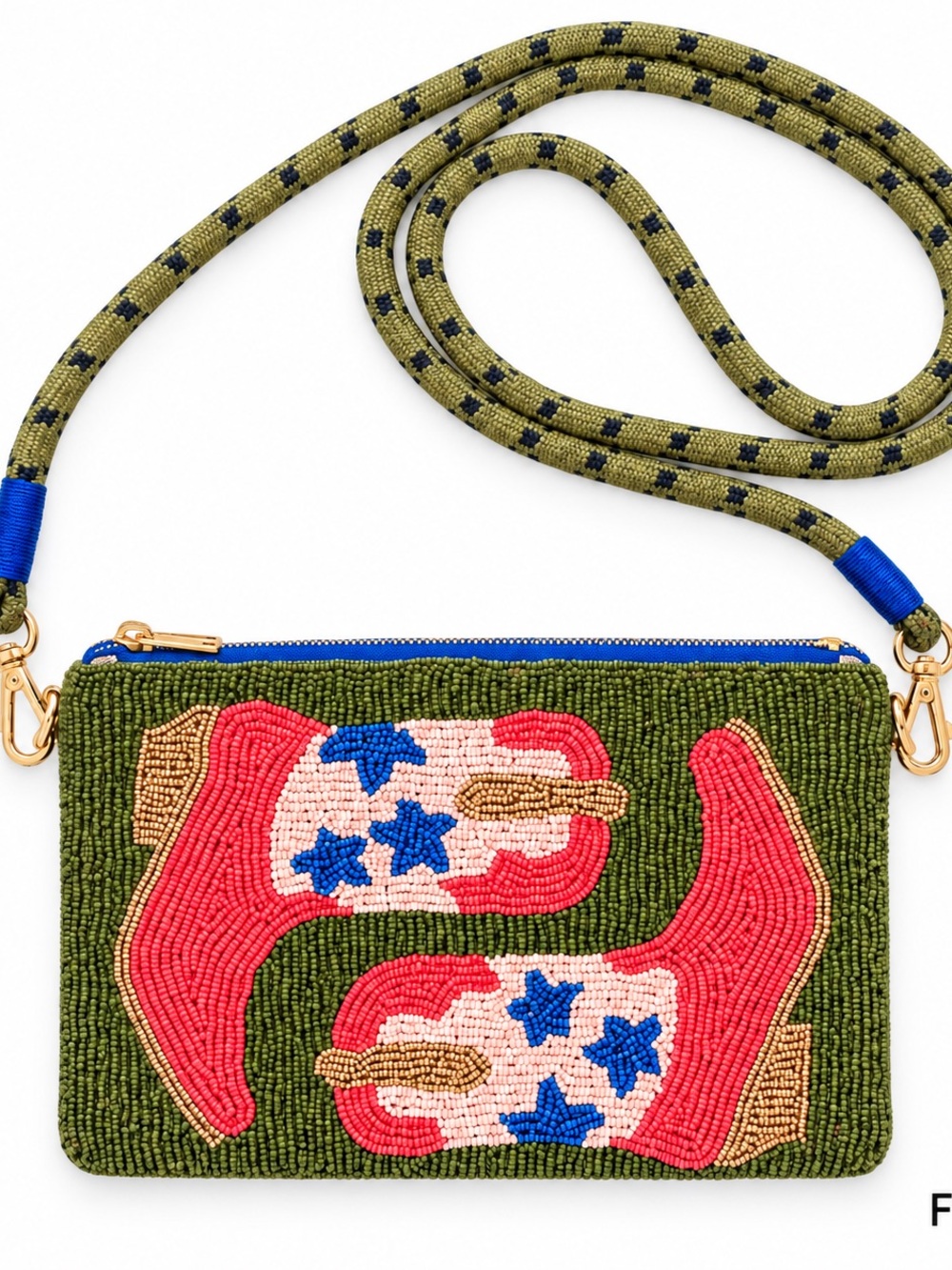 Beaded Olive Green Crossbody Clutch with Red Boot Motif